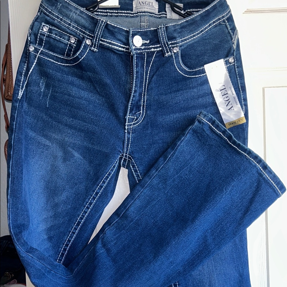 Angel Dark Blue Stretchy Boot Cut Jeans with White Stitching